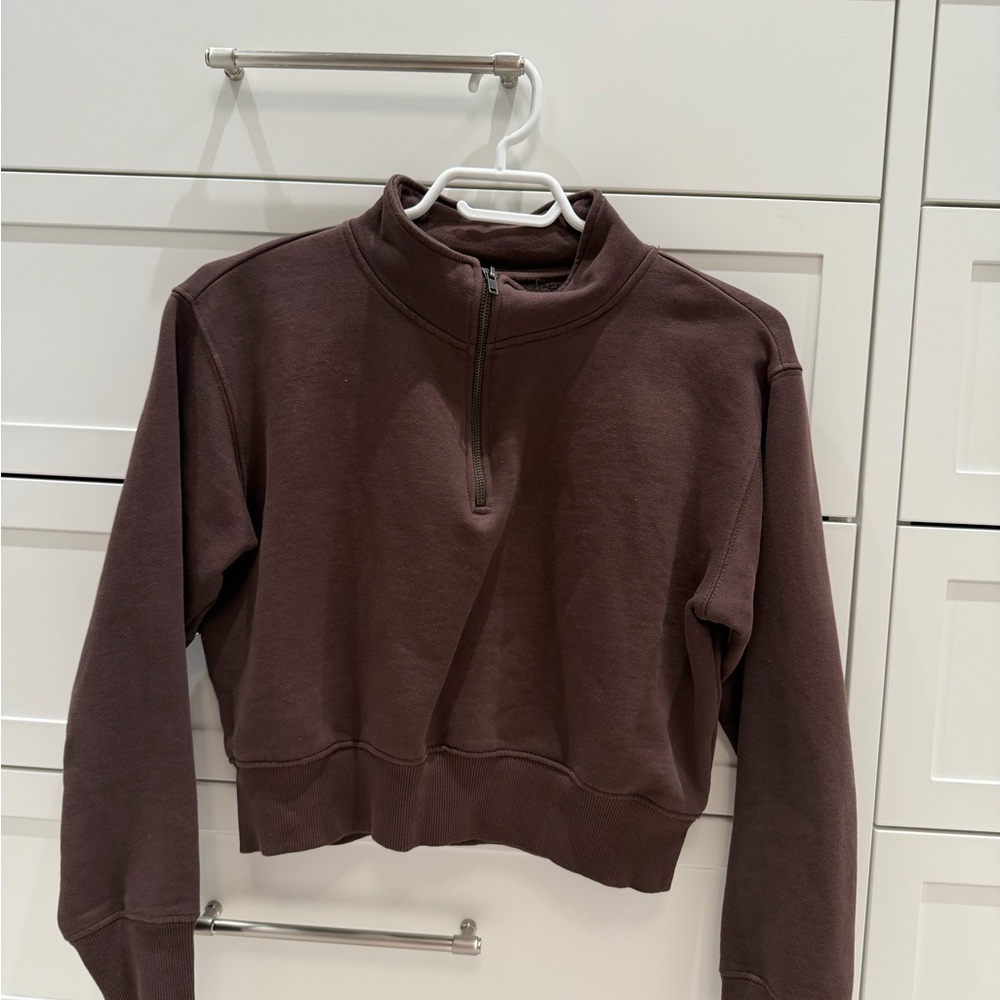 Chocolate Brown Quarter-Zip Cropped Sweatshirt